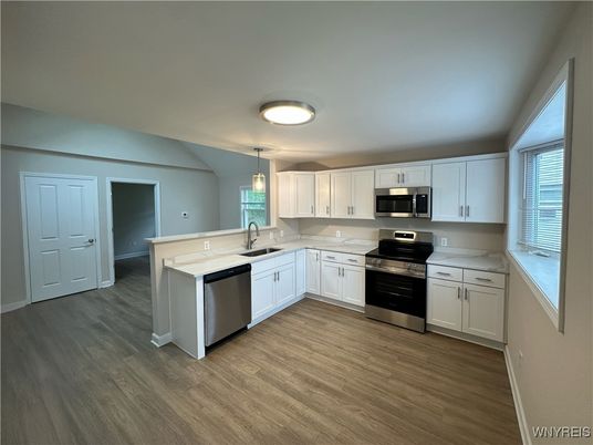 Interior, Kitchen, Pendant Lights, Stainless Steel Appliances, Wood Texture Flooring