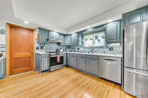 Interior, Kitchen, Recessed Lighting, Stainless Steel Appliances, Wood Texture Flooring