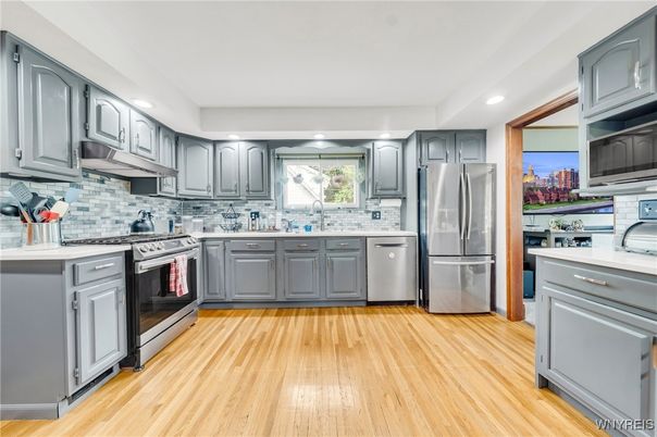 Interior, Kitchen, Recessed Lighting, Stainless Steel Appliances, Wood Texture Flooring