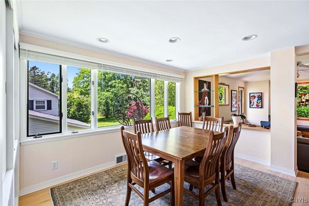 Dining room, Interior, Recessed Lighting, Wood Texture Flooring
