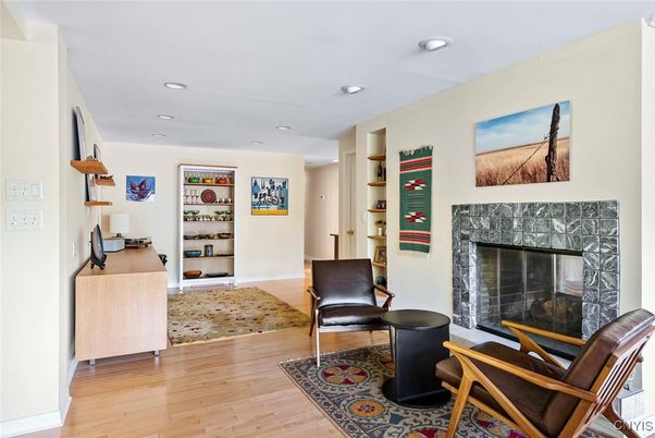 Fireplace, Interior, Recessed Lighting, Wood Texture Flooring