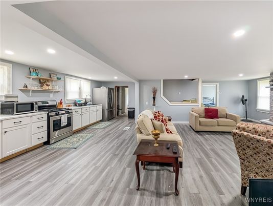 Interior, Kitchen, Living room, Recessed Lighting, Stainless Steel Appliances, Wood Texture Flooring