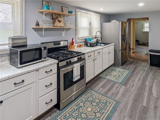 Interior, Kitchen, Recessed Lighting, Wood Texture Flooring