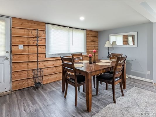 Dining room, Interior, Recessed Lighting, Wood Texture Flooring, Wooden Walls
