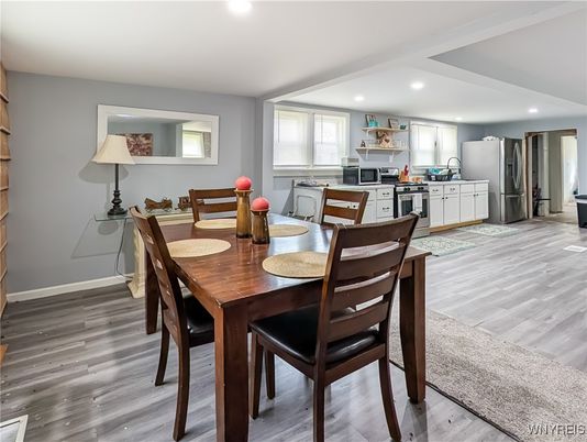 Dining room, Interior, Kitchen, Recessed Lighting, Wood Texture Flooring