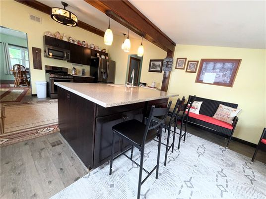 Interior, Kitchen, Pendant Lights, Stainless Steel Appliances, Wood Texture Flooring
