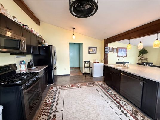Interior, Kitchen, Pendant Lights, Wooden Beams, Wood Texture Flooring