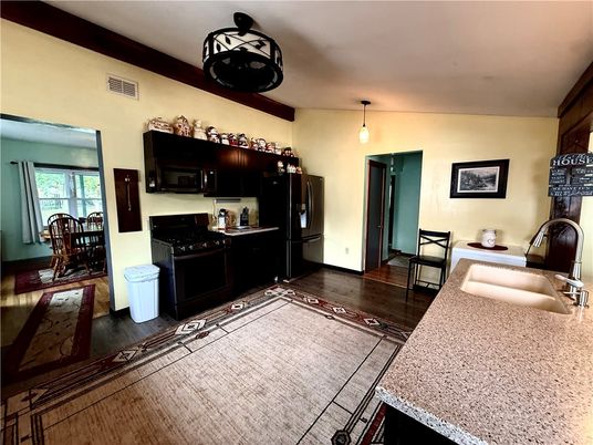 Dining room, Interior, Kitchen, Pendant Lights, Wood Texture Flooring