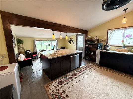 Interior, Kitchen, Living room, Pendant Lights, Recessed Lighting, Wood Texture Flooring