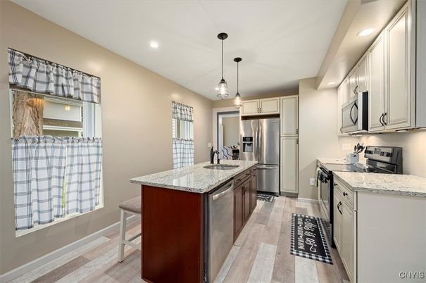 Interior, Kitchen, Pendant Lights, Recessed Lighting, Stainless Steel Appliances, Wood Texture Flooring