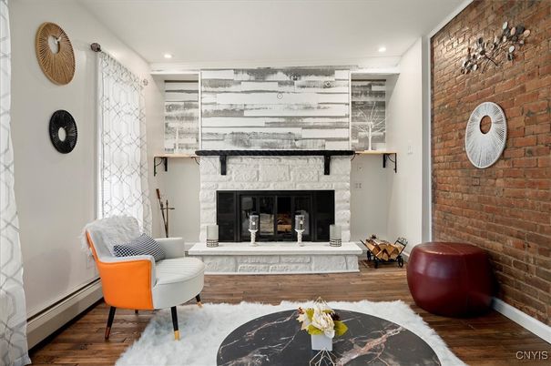 Fireplace, Interior, Recessed Lighting, Stone Walls, Wood Texture Flooring