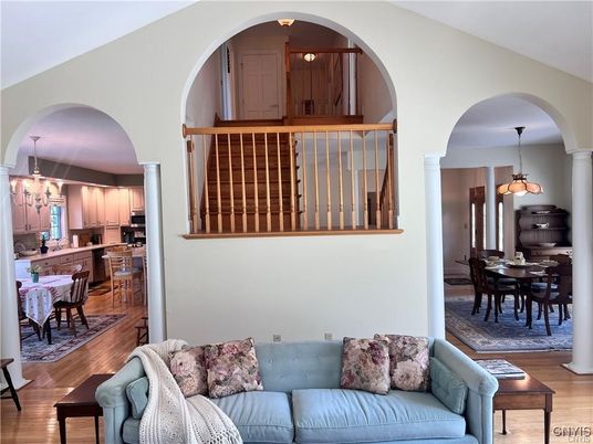 Dining room, Interior, Kitchen, Living room, Pendant Lights, Stainless Steel Appliances, Wood Texture Flooring