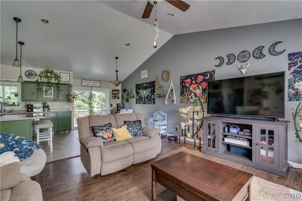 Interior, Kitchen, Living room, Pendant Lights, Wood Texture Flooring