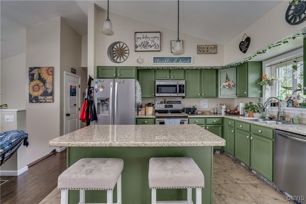 Interior, Kitchen, Pendant Lights, Stainless Steel Appliances, Wood Texture Flooring