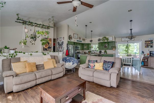 Dining room, Interior, Kitchen, Living room, Pendant Lights, Stainless Steel Appliances, Wood Texture Flooring