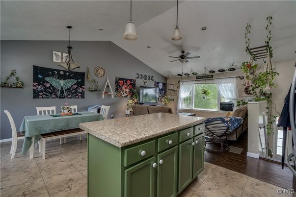 Dining room, Interior, Living room, Pendant Lights, Recessed Lighting, Wood Texture Flooring