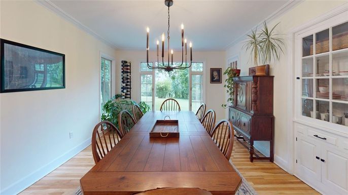 Chandelier, Dining room, Interior, Wood Texture Flooring