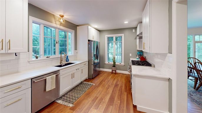 Interior, Kitchen, Recessed Lighting, Stainless Steel Appliances, Wood Texture Flooring