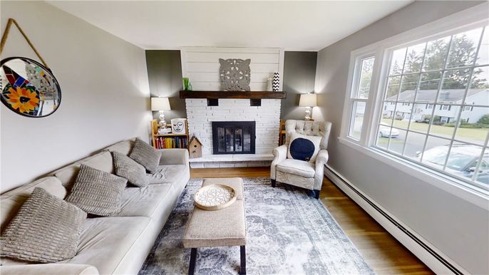 Fireplace, Interior, Living room, Stone Walls, Wood Texture Flooring