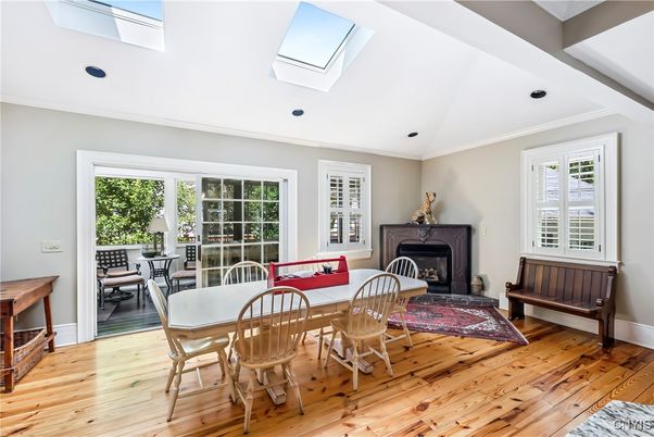 Dining room, Fireplace, Interior, Recessed Lighting, Wood Texture Flooring