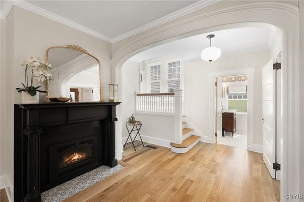 Fireplace, Interior, Pendant Lights, Wood Texture Flooring