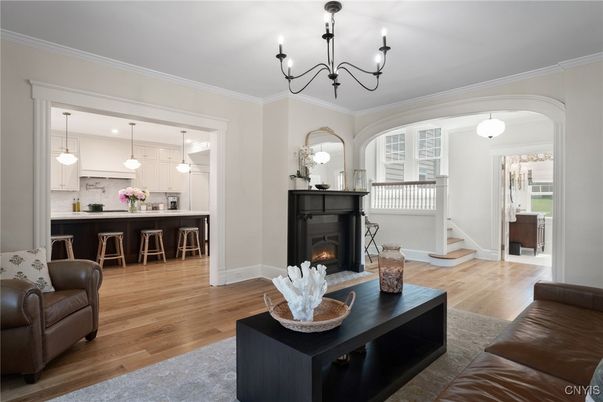 Chandelier, Fireplace, Interior, Kitchen, Living room, Pendant Lights, Wood Texture Flooring