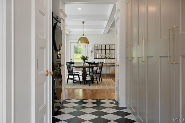Dining room, Interior, Pendant Lights, Recessed Lighting, Wood Texture Flooring