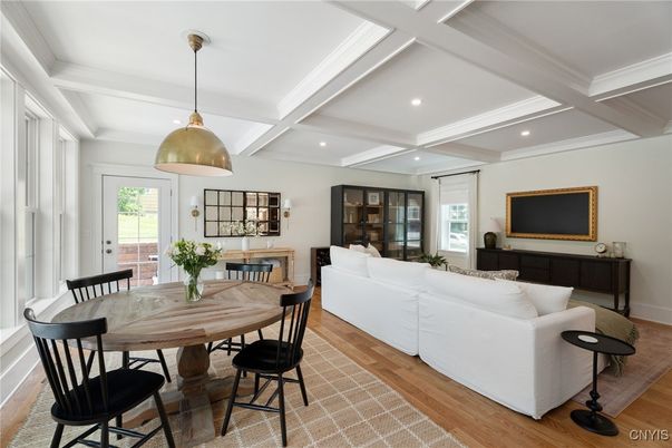 Dining room, Interior, Living room, Pendant Lights, Recessed Lighting, Wood Texture Flooring