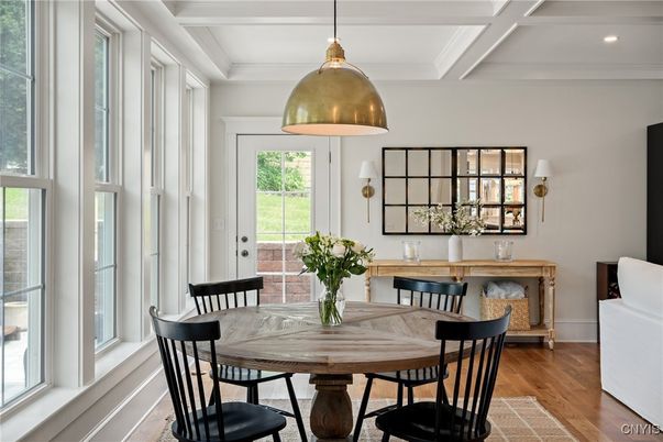 Dining room, Interior, Pendant Lights, Recessed Lighting, Wood Texture Flooring
