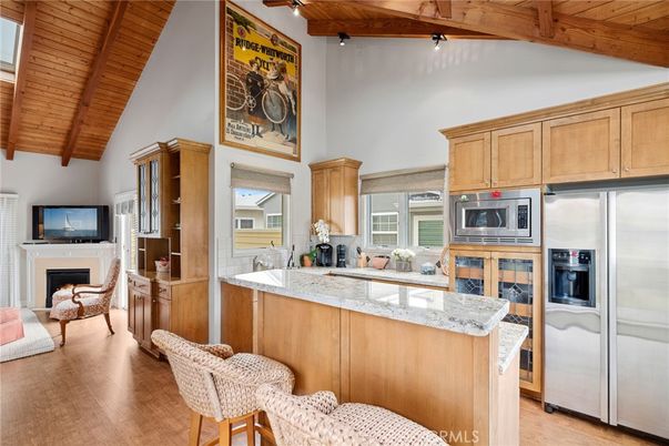 Fireplace, Interior, Kitchen, Stainless Steel Appliances, Wooden Beams, Wooden Ceilings, Wood Texture Flooring