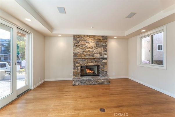 Empty room, Fireplace, Interior, Recessed Lighting, Wood Texture Flooring