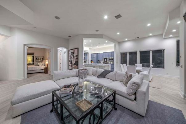 Dining room, Interior, Kitchen, Living room, Recessed Lighting, Stainless Steel Appliances, Wood Texture Flooring