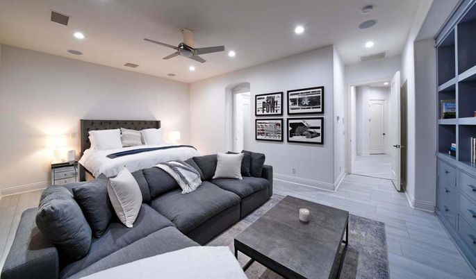 Bedroom, Interior, Recessed Lighting, Wood Texture Flooring