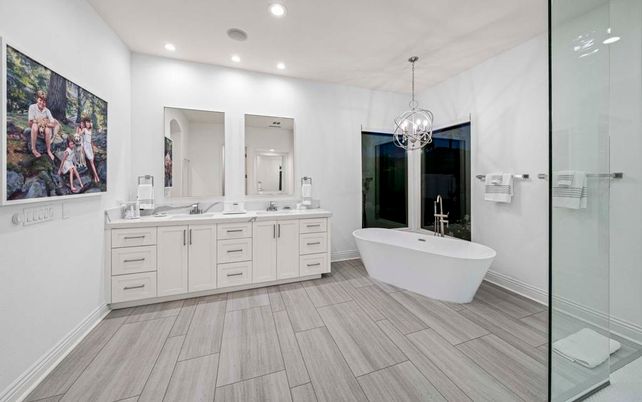 Bathroom, Dual Sink Vanities, Free Standing Baths, Glass Shower, Interior, Pendant Lights, Recessed Lighting