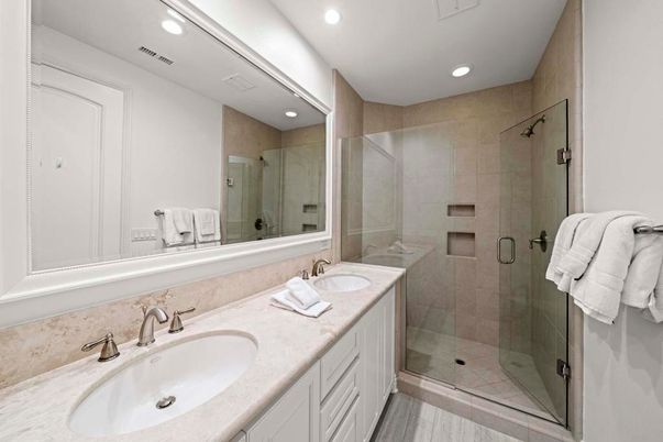 Bathroom, Dual Sink Vanities, Glass Shower, Interior, Recessed Lighting