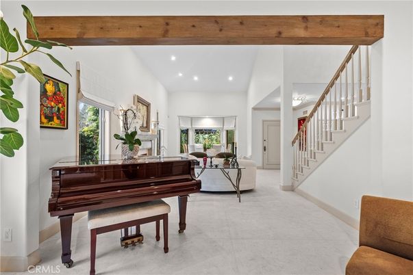 Fireplace, Interior, Living room, Piano, Recessed Lighting, Wooden Beams