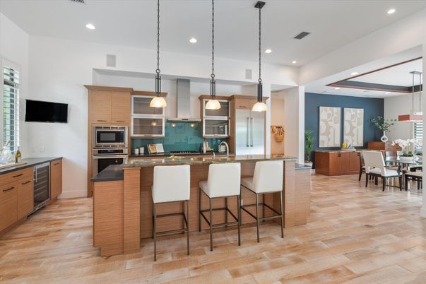 Dining room, Interior, Kitchen, Pendant Lights, Recessed Lighting, Stainless Steel Appliances, Wood Texture Flooring