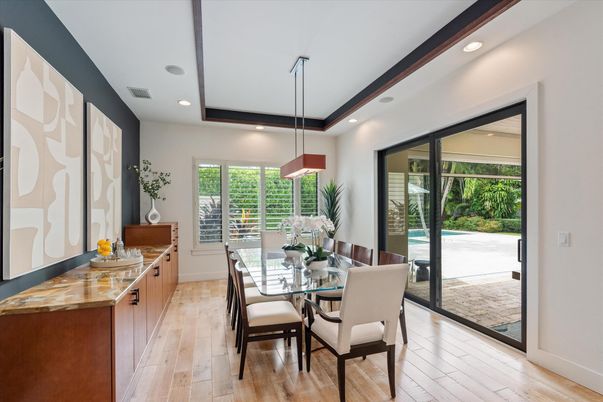 Dining room, Interior, Pendant Lights, Recessed Lighting, Wood Texture Flooring