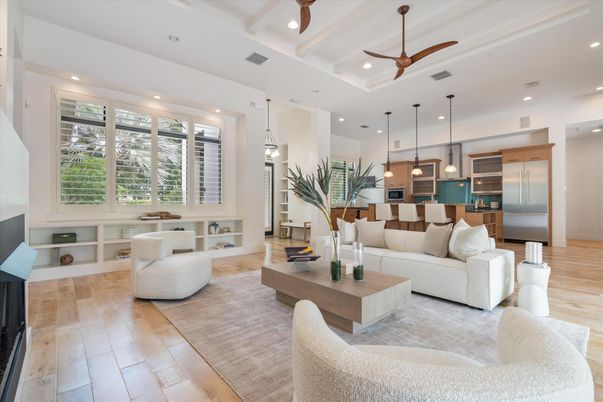 Fireplace, Interior, Kitchen, Living room, Pendant Lights, Recessed Lighting, Stainless Steel Appliances, Wood Texture Flooring