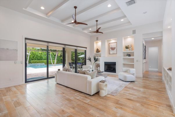 Fireplace, Interior, Living room, Recessed Lighting, Wood Texture Flooring