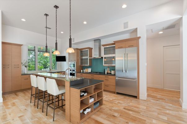 Interior, Kitchen, Pendant Lights, Recessed Lighting, Stainless Steel Appliances, Wood Texture Flooring