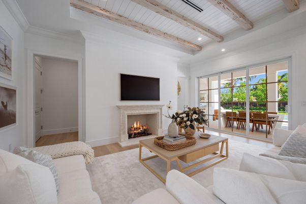 Dining room, Fireplace, Interior, Living room, Recessed Lighting, Wooden Beams, Wood Texture Flooring