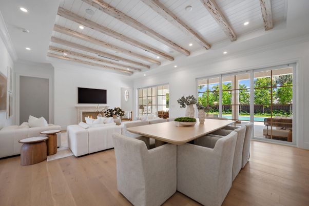 Dining room, Fireplace, Interior, Living room, Recessed Lighting, Wooden Beams, Wood Texture Flooring