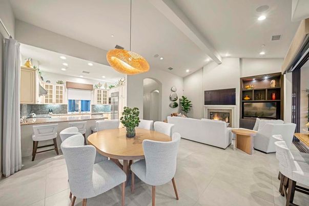 Dining room, Fireplace, Interior, Kitchen, Living room, Pendant Lights, Recessed Lighting