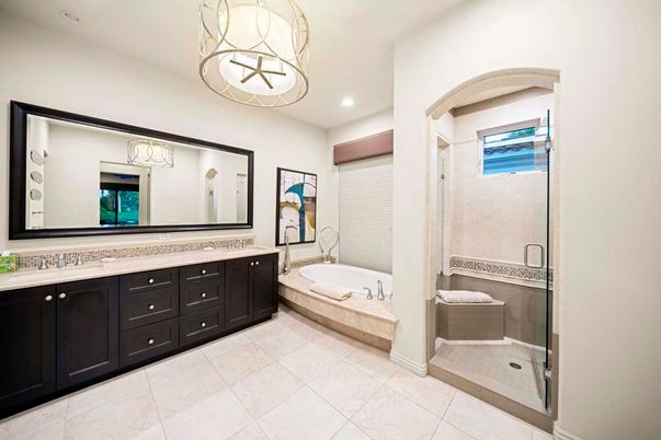 Bathroom, Dual Sink Vanities, Glass Shower, Interior, Pendant Lights, Recessed Lighting