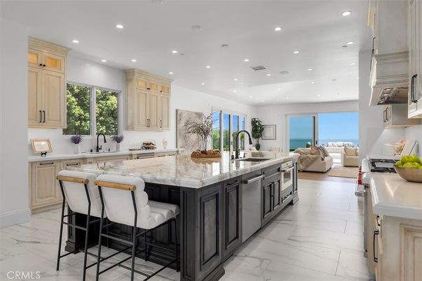 Interior, Kitchen, Living room, Marble, Recessed Lighting, Stainless Steel Appliances, Water