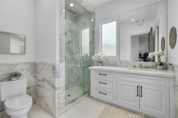 Bathroom, Glass Shower, Interior, Marble Walls, Recessed Lighting