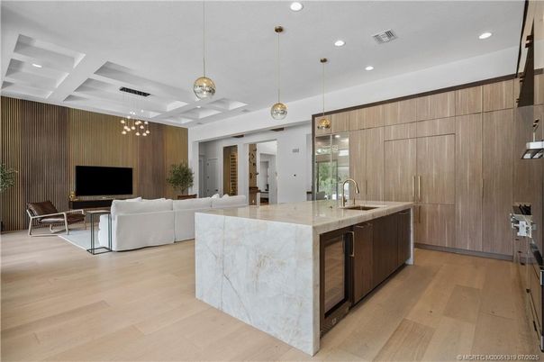 Interior, Kitchen, Living room, Pendant Lights, Recessed Lighting, Wood Texture Flooring