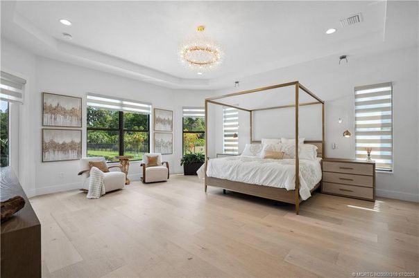Bedroom, Chandelier, Interior, Recessed Lighting, Wood Texture Flooring