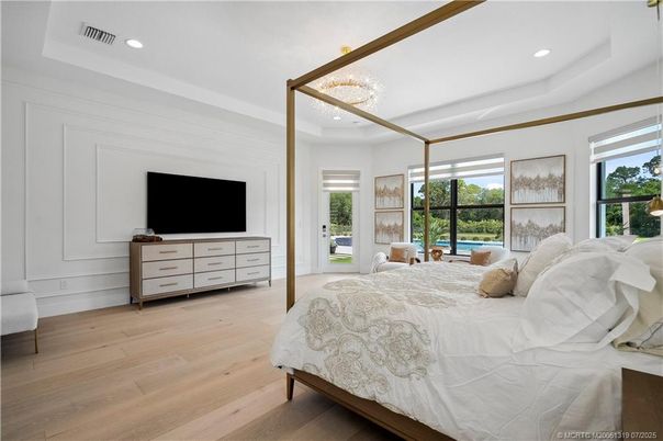 Bedroom, Chandelier, Interior, Recessed Lighting, Wood Texture Flooring